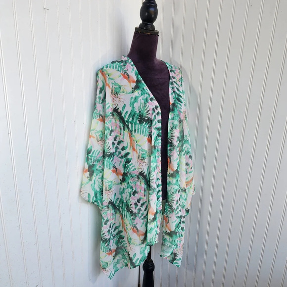 Nina Leonard Top Womens Open Front Sheer Tropical Floral Green Blouse Cover OS - Picture 2 of 10